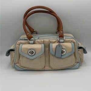 Coach Hampton Sateen Beige with Blue Leather Satchel F10881